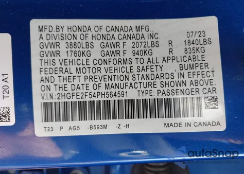 2023 Honda Civic Sport from USA, damaged, VIN 2HGFE2F54PH564591